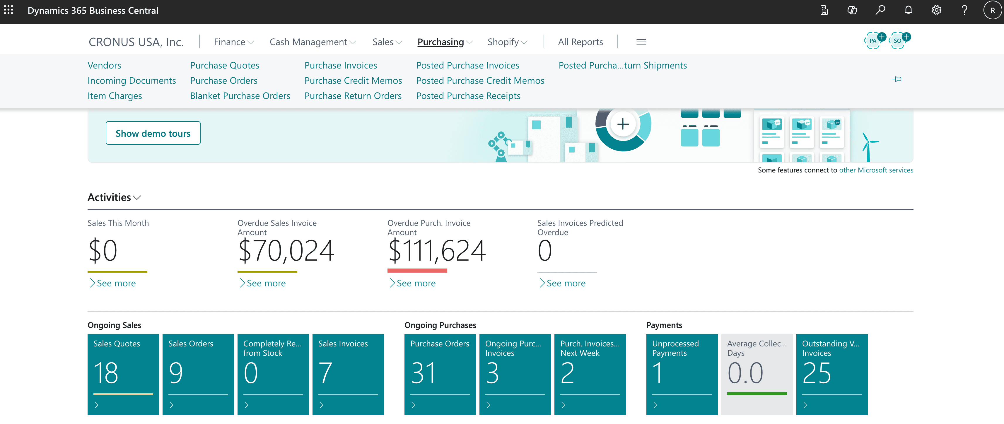 This is Nolij's read: an actual Dynamics 365 Business Central session, Purchasing module open — $111,624 in overdue purchase invoices, 31 open purchase orders. Real data, not a demo account.