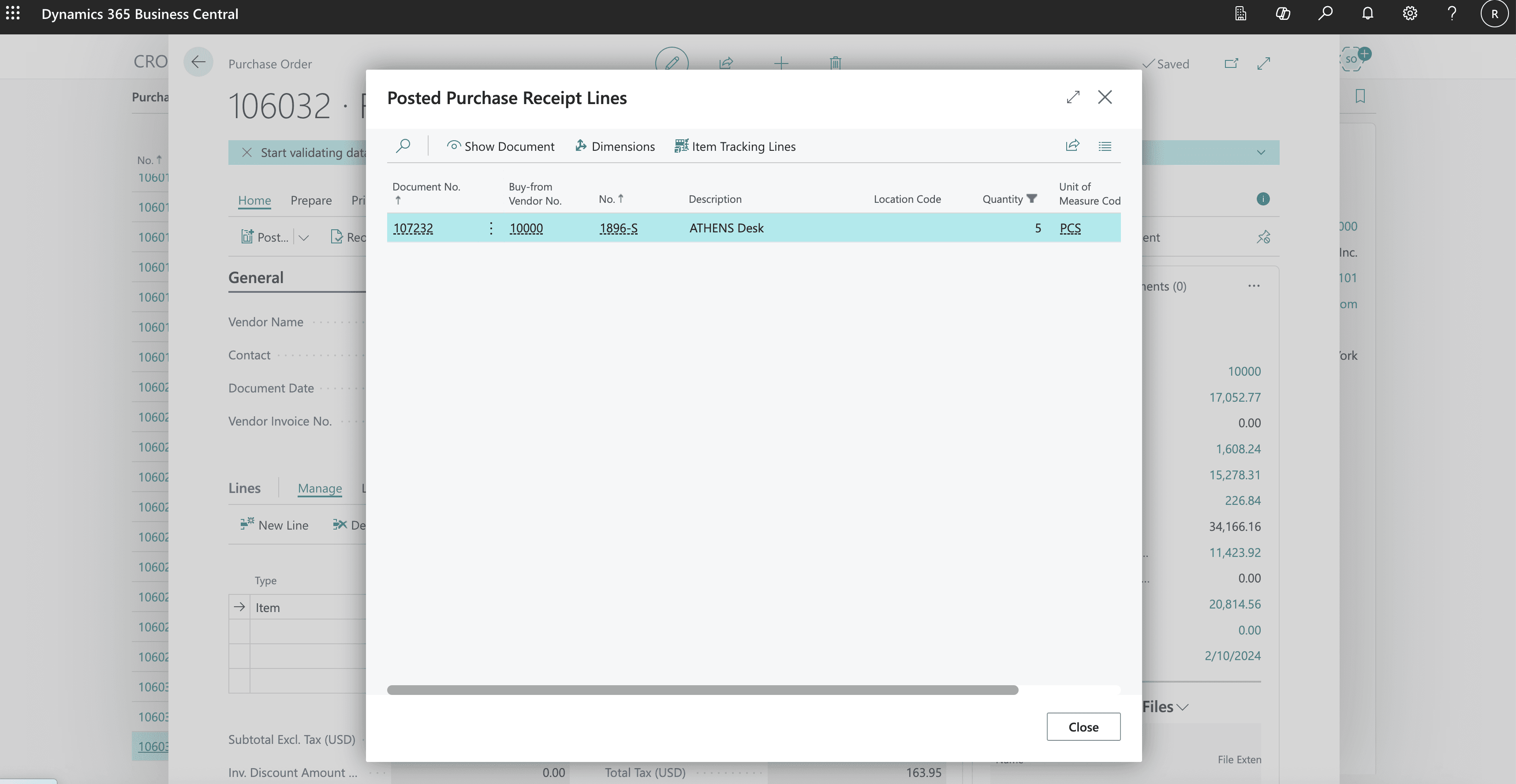 Drilling into PO 106032, the posted receipt shows 5 units delivered against an invoice for 7. That's the exact discrepancy Nolij's agents catch automatically.